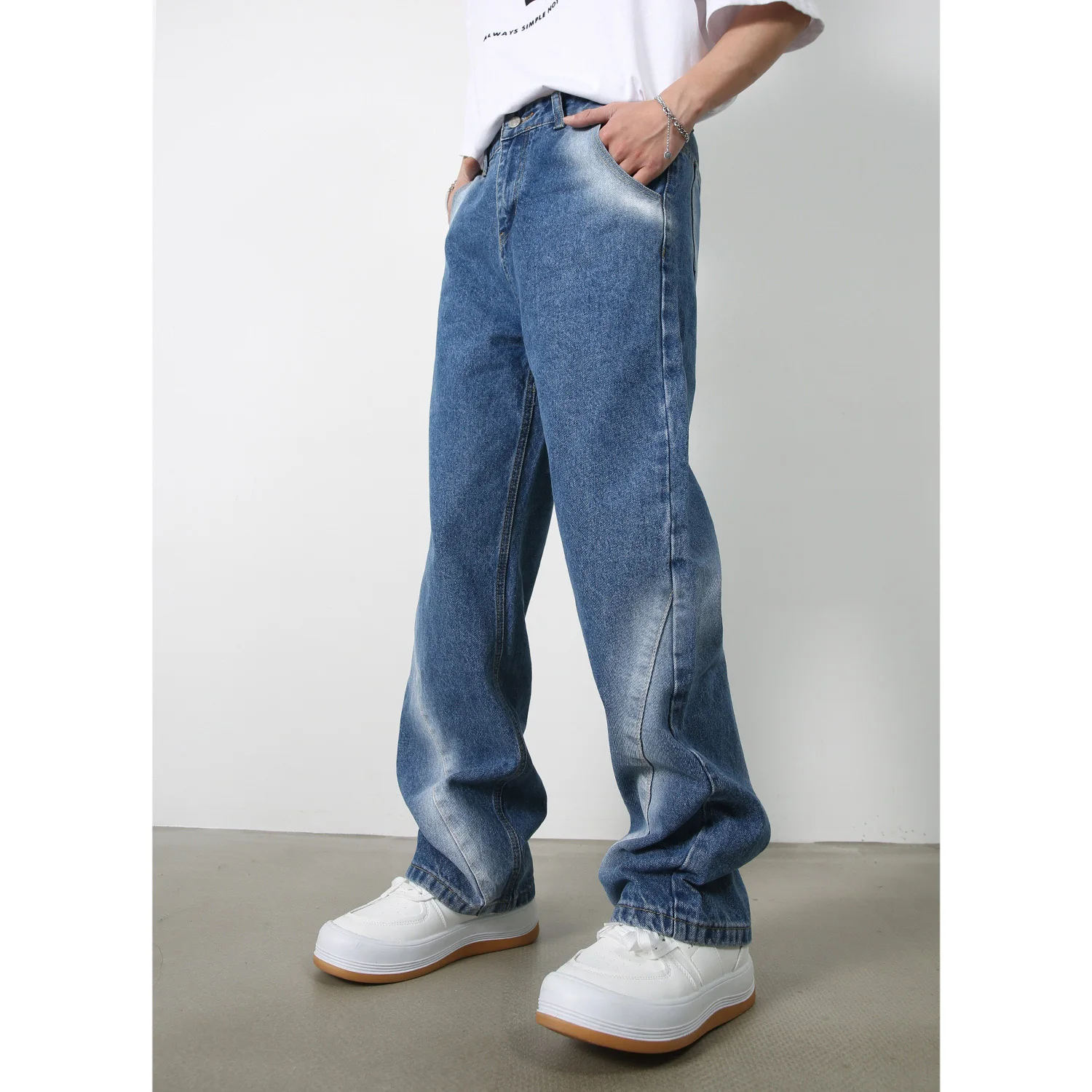 Деним | Новые синие джинсы с белой каймой, мужские свободные прямые повседневные универсальные брюки